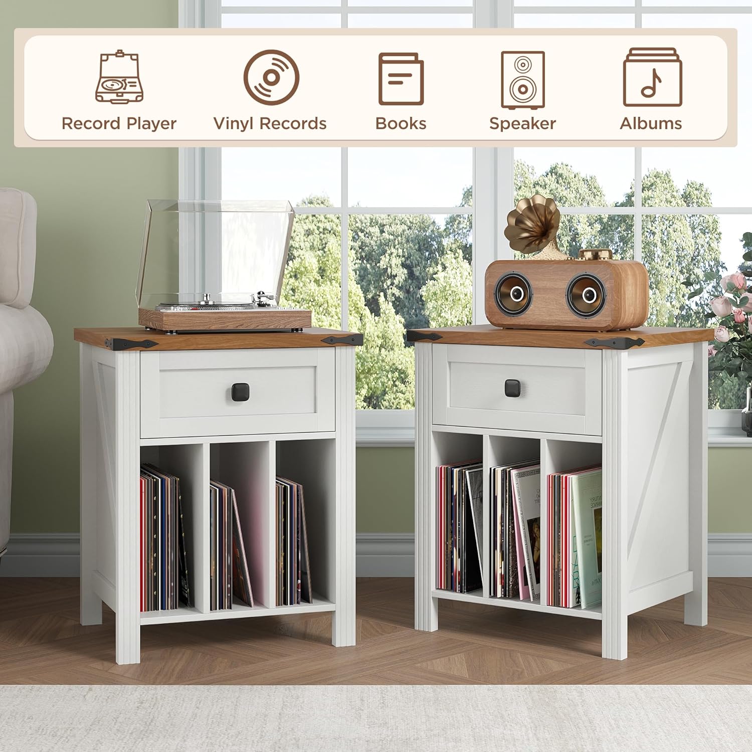 Farmhouse Record Player Stand with Vinyl Record Storage, End Table with Charging Station, Wood Record Holder Cabinet Dispaly Shelf for Living Room,Bedroom,Office,White