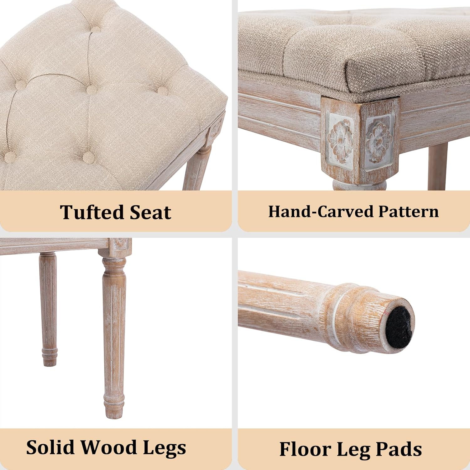 Tufted Dining Bench French Vintage Fabric Upholstered Wood Dining Room Bench Rustic Entryway Bench Bedroom End Bed Bench, Beige 45" Long