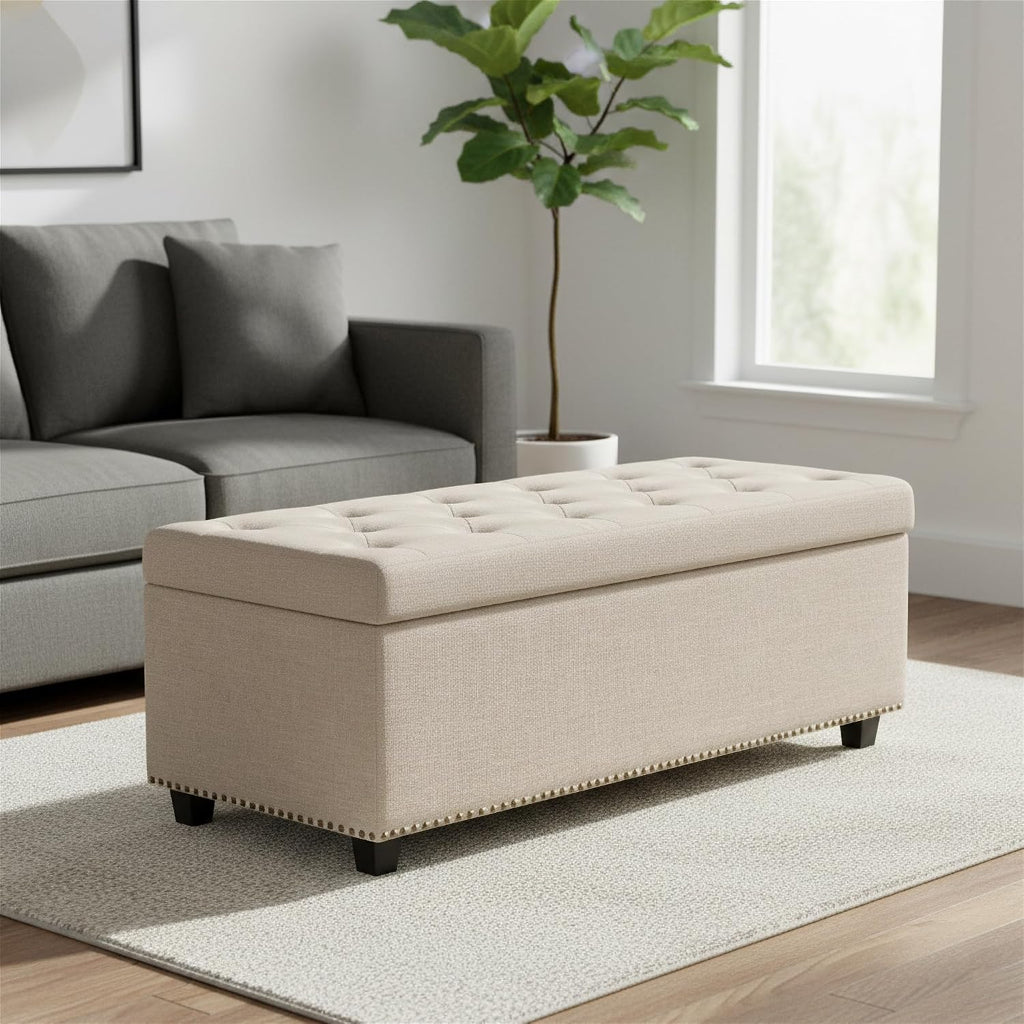 SIMPLIHOME Hamilton Storage Ottoman - 48 in Wide Upholstered Linen Look Fabric Rectangle Storage Ottoman Bench in Natural Beige, Traditional Tufted Ottoman for Living Room or Entryway with Lift-Up Lid