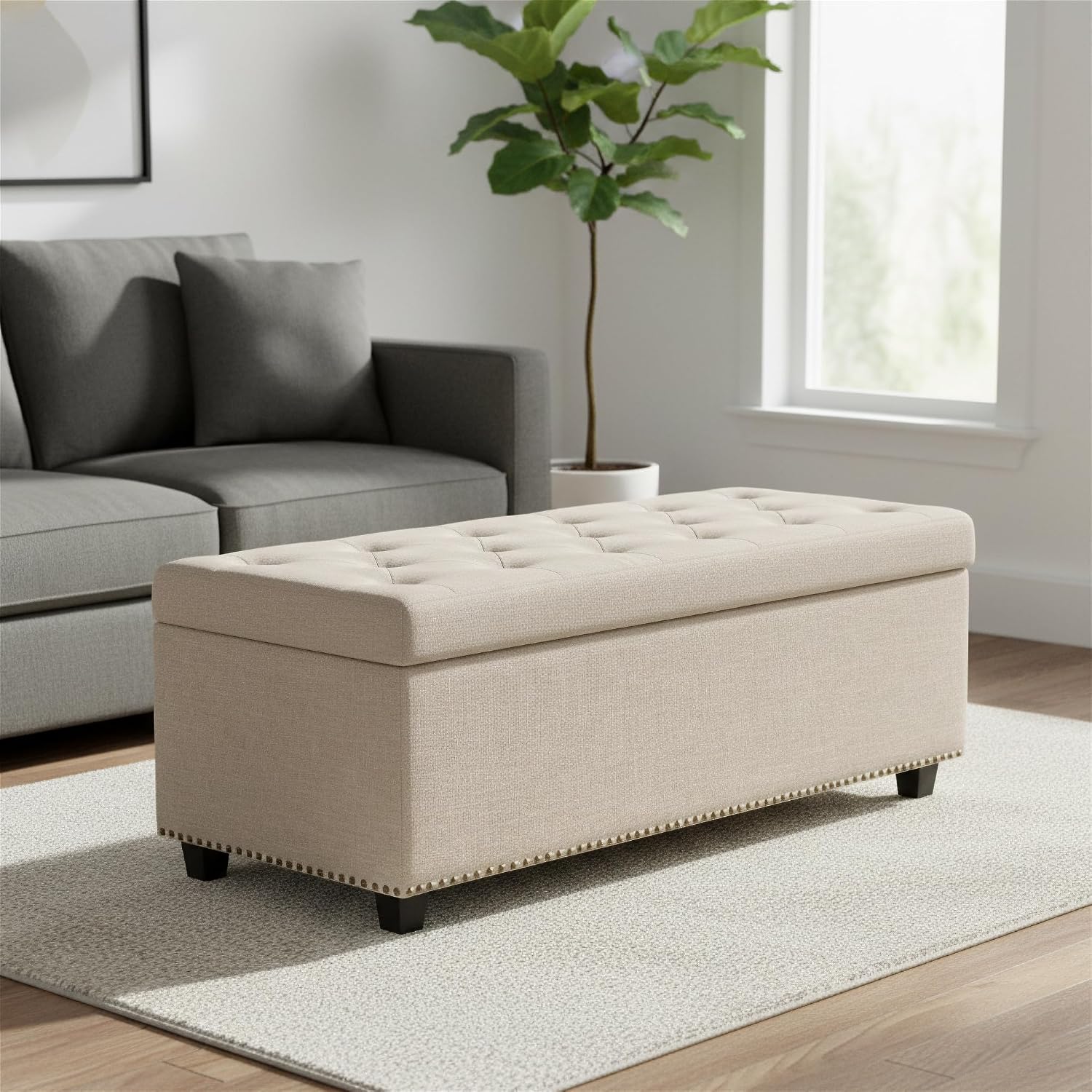 SIMPLIHOME Hamilton Storage Ottoman - 48 in Wide Upholstered Linen Look Fabric Rectangle Storage Ottoman Bench in Natural Beige, Traditional Tufted Ottoman for Living Room or Entryway with Lift-Up Lid
