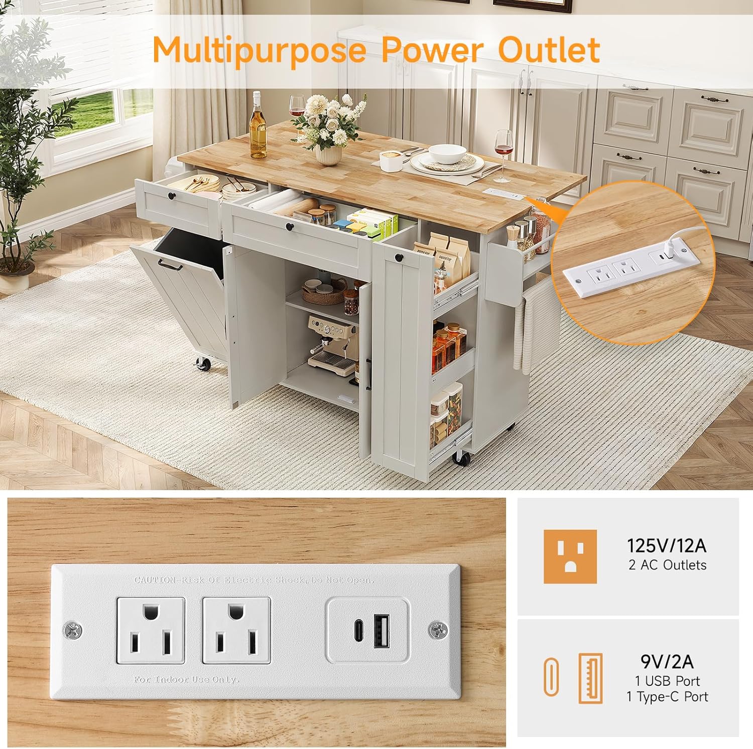 Kitchen Island with Storage, Island Table for Kitchen with Drop Leaf and Power Outlet, Rolling Kitchen Island with Trash Cabinet, Spice Rack & Towel Rack, White
