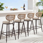 Outdoor Swivel Counter Bar Stools Set of 4, 360° Woven Rope Bar Chairs with Cushioned Seat & Metal Frame, Modern Farmhouse Counter Stools for Patio & Bar Area, Beige