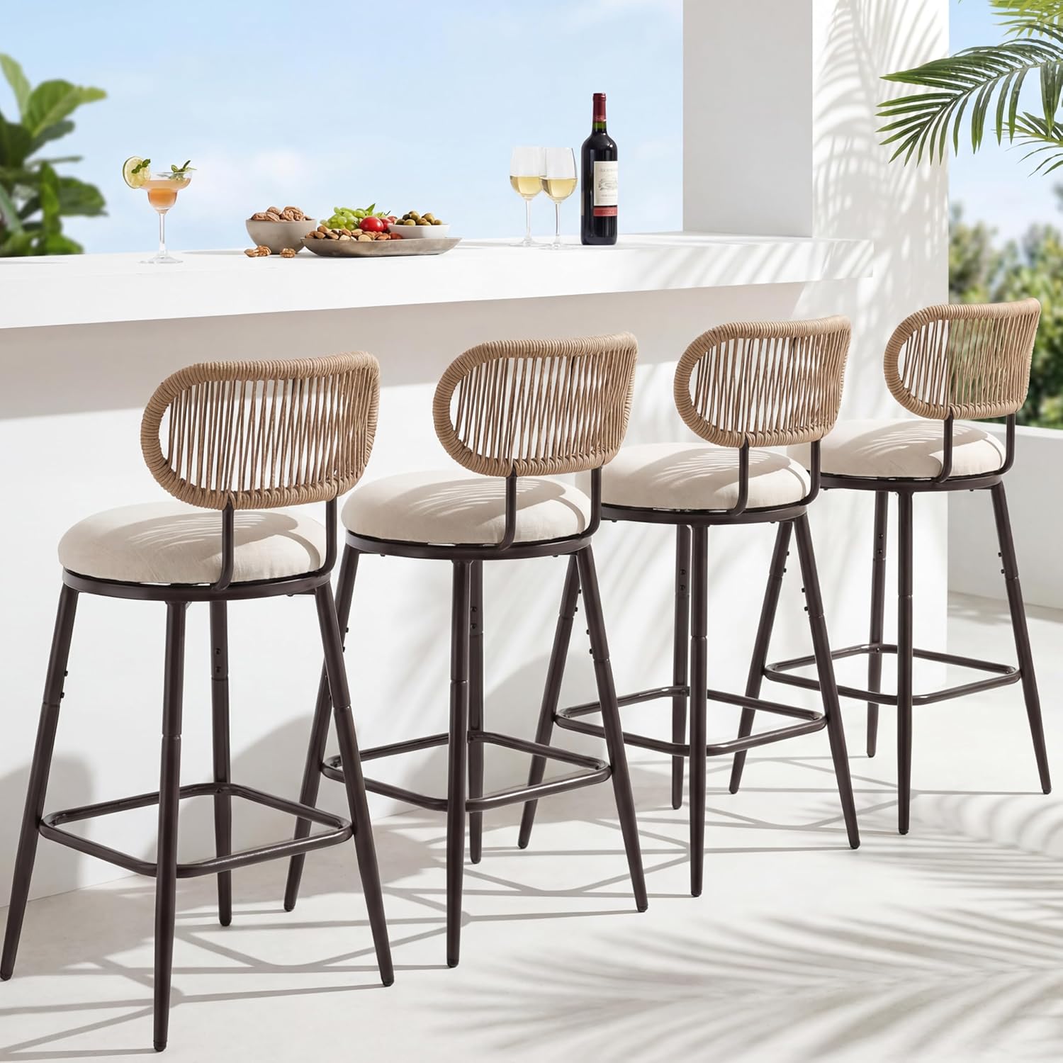 Outdoor Swivel Counter Bar Stools Set of 4, 360° Woven Rope Bar Chairs with Cushioned Seat & Metal Frame, Modern Farmhouse Counter Stools for Patio & Bar Area, Beige