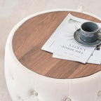 Furniliving Storage Ottoman Set of 2, Luxurious Velvet Round Ottoman with Wood Tray, Aesthetic Coffee Table with Foot Stool for Living Room, Beige