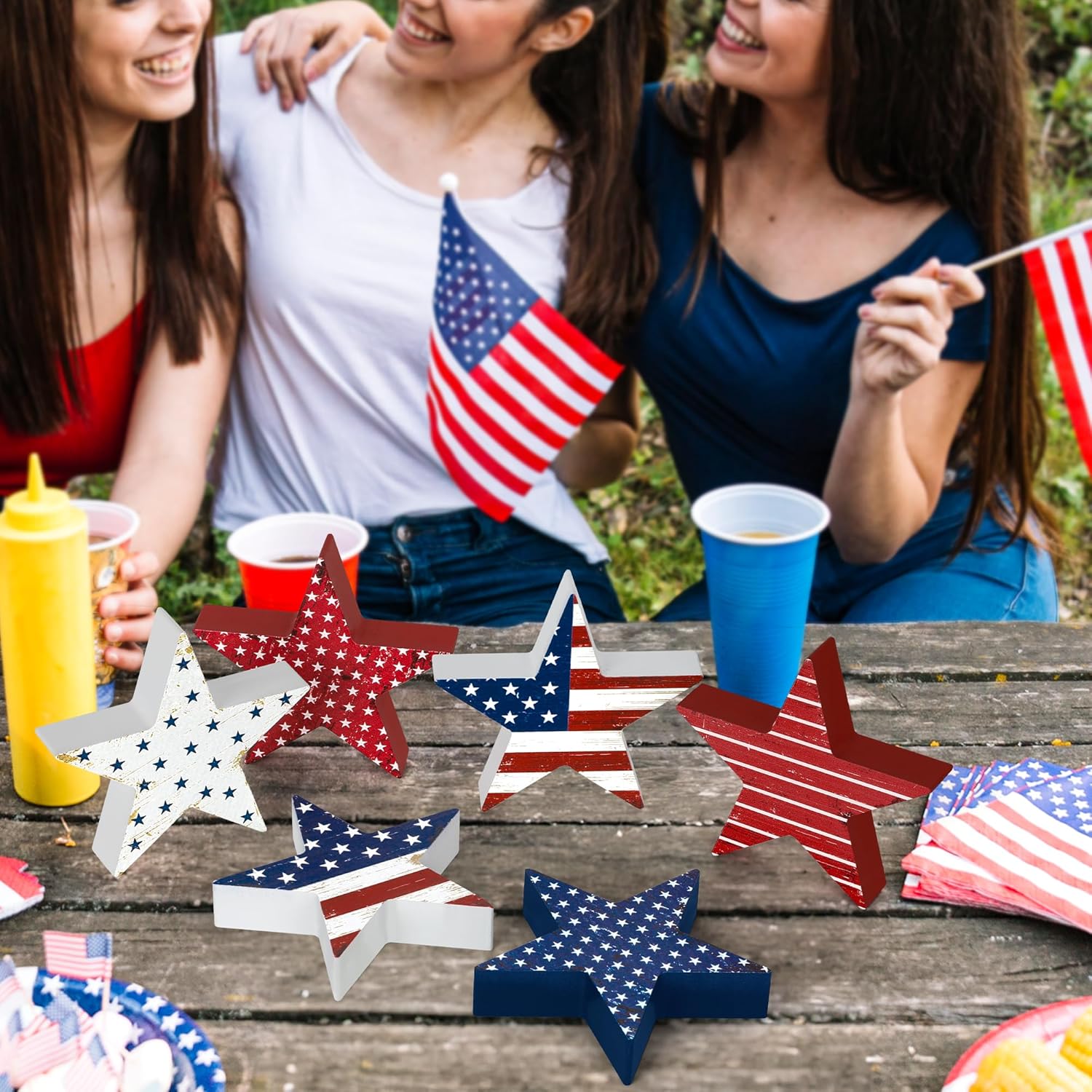 6 PCS 4th of July Wooden Signs, Red White Blue 4th of July Decorations, Star-Shaped 250th Anniversary Patriotic Decor, Independence Day Wood Centerpieces for Tables Shelf Tray Memorial Veterans Day