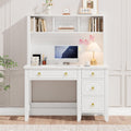 MaverickFurni White Desk with Hutch, 47" White and Gold Desk with 4 Drawers, Modern Girl Desk for Bedroom, Golden Handles