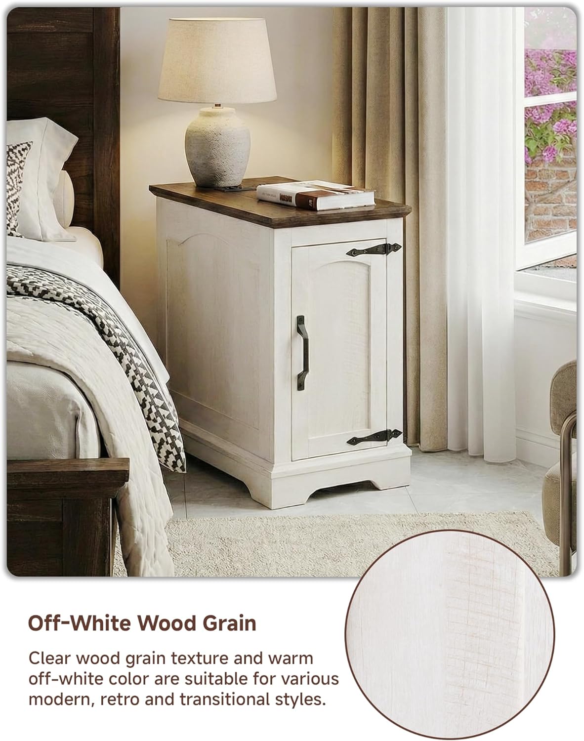 Farmhouse End Table with Charging Station, Narrow Side Table for Living Room, Rustic Wood Sofa Side Table with Storage Cabinet,Small Nightstand for Bedroom Home Office (White)