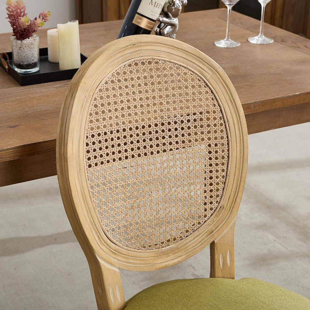 SoarFlash French Dining Chairs Set of 2, Vantage Dining Chair with Round Back, Wood Leg Farmhouse Country Rattan Dining Chair for Kitchen,Bedroom,Olive Green