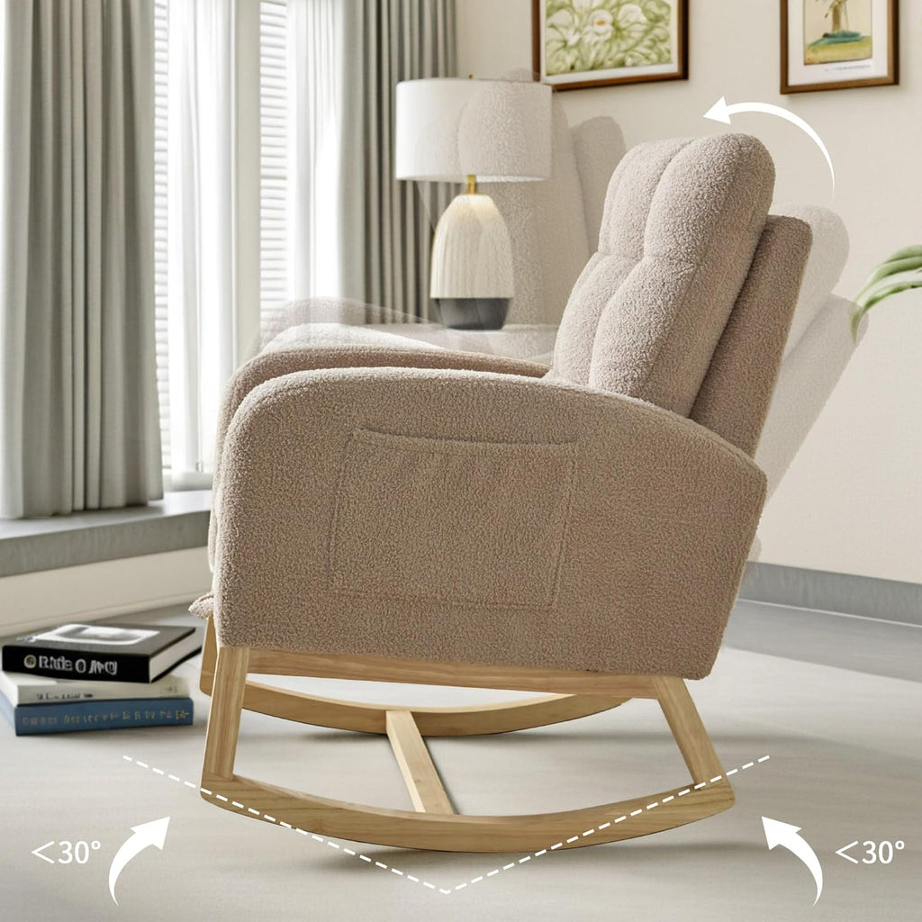 Rosevera Nursery Rocking Chair with Adjustable Footrest for Living Room - Teddy Fabric, Solid Wooden Legs, Comfortable Lounge Armchair with High Backrest and Side Pockets (Modern, Light Coffee)