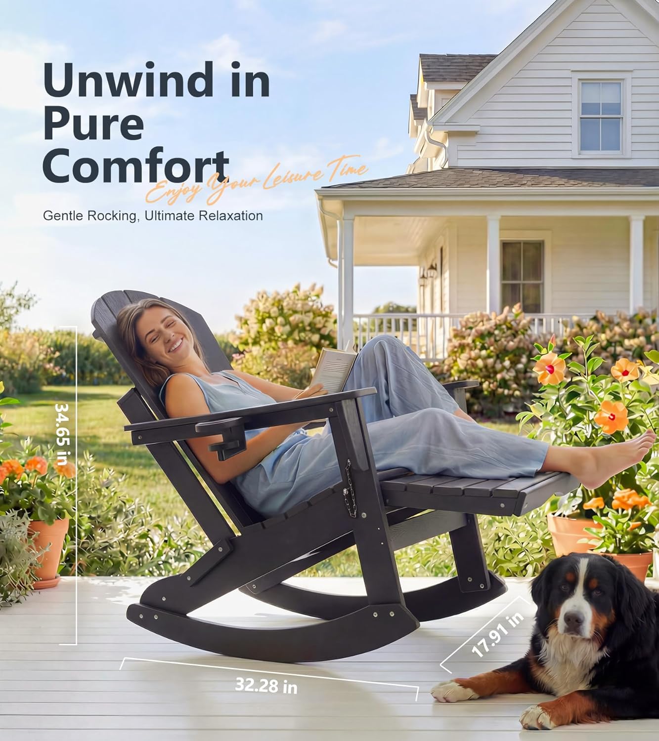 PASAMIC Adirondack Rocking Chairs Set of 2, Foldable All-Weather HDPE Patio Rockers with Retractable Ottoman & Cup Holder, Outdoor Chairs for Porch Backyard Pool Garden Balcony, Jet Black