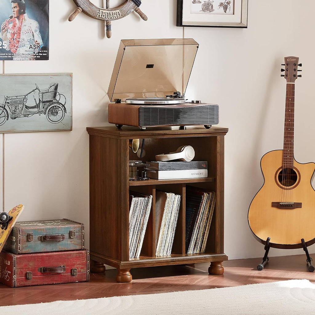 Joaxswe Record Player Stand with Charging Station Up to 200 Albums, 24" Wide Mid-Century Record Player Table with Vinyl Record Storage,Large Wood Turntable Stand Dispaly Cabinet for Living Room,Brown