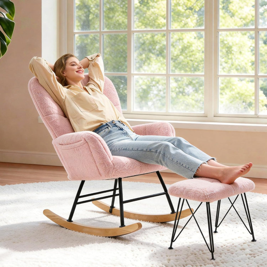 KEEZY Nursery Rocking Chair with Footrest Upholstered Glider Rocker Padded Seat with High Backrest Armchair Comfy Side Chair for Living Room Bedroom Pink Sherpa