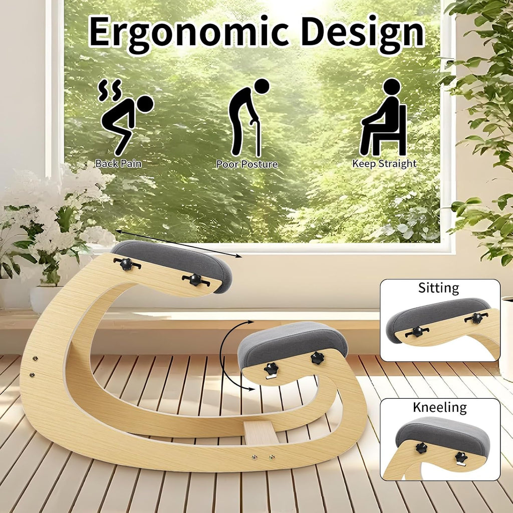 Kneeling Chair Ergonomic Posture Chair, Wood Adjustable Rocking Knee with Soft Padding, Natural Relief for Neck or Back Pain for Home Office, Max Load 258 lb