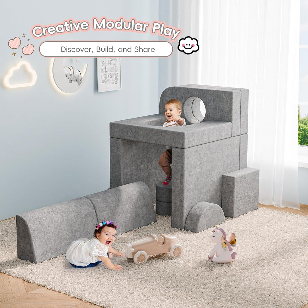 Betterhood 14pcs Modular Kids Play Couch, 1000+DIY Versatile Kids Couch Building Fort, Child Sectional Sofa for Playroom Bedroom, Convertible Foam Sofa for Boys & Girls (Grey)