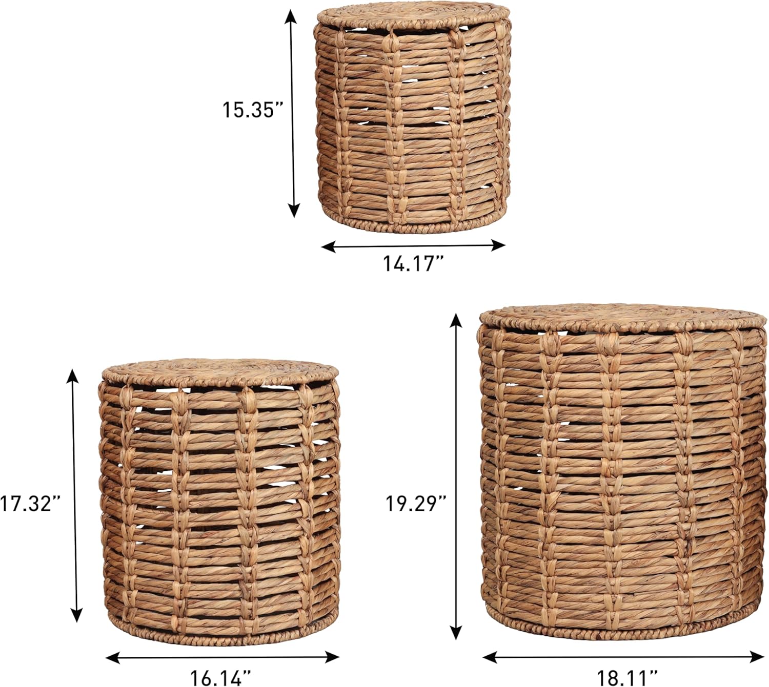 JONATHAN Y Zaria Water Hyacinth and Iron 3-Piece Nesting Table for Living Room with Drum Silhouette, Coastal Round Handwoven Side Tables, Natural TBL2503A-3SET