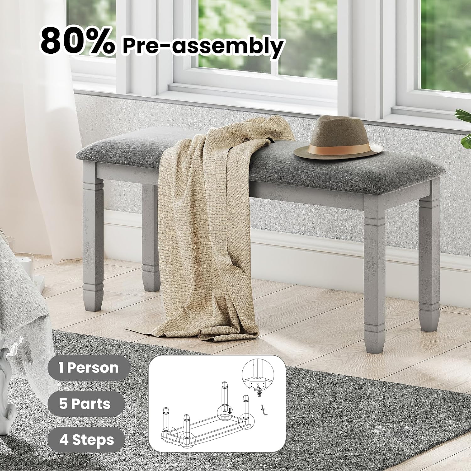 Giantex Upholstered Dining Bench with Padded Seat, Solid Wood Legs, Load 800 lbs, 40.5"x16"x20", Entryway Shoe Rack Bench for Kitchen, Dining Room, Living Room, Bedroom, End of Bed, Hallway (Grey,1)