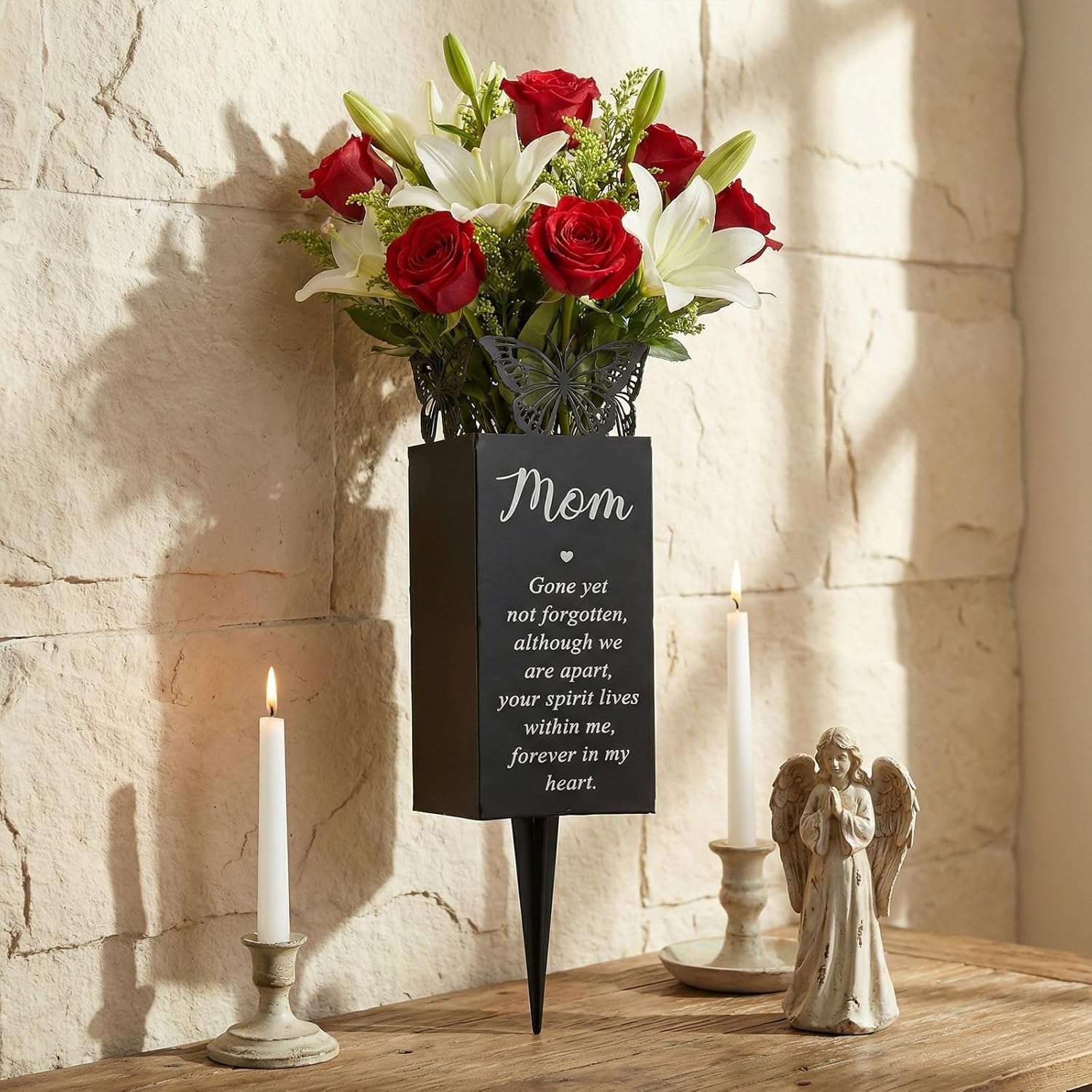 Geosar Cemetery Vases for Grave Metal Flower Butterfly Memorial Flower Holder with Spike Grave Marker Floral Cemetery Funeral for Mom Grandma Lawn Yard Outdoor Funeral(Fresh)