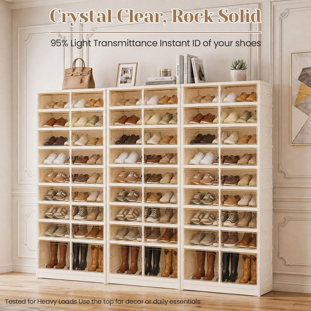 Foldable Shoe Rack with Doors, Stackable Plastic Shoe Organizer, Large Clear Shoe Storage Boxes for Closet and Entryway, Portable Collapsible Shoe Cabinet 9 Tiers, 27Pairs