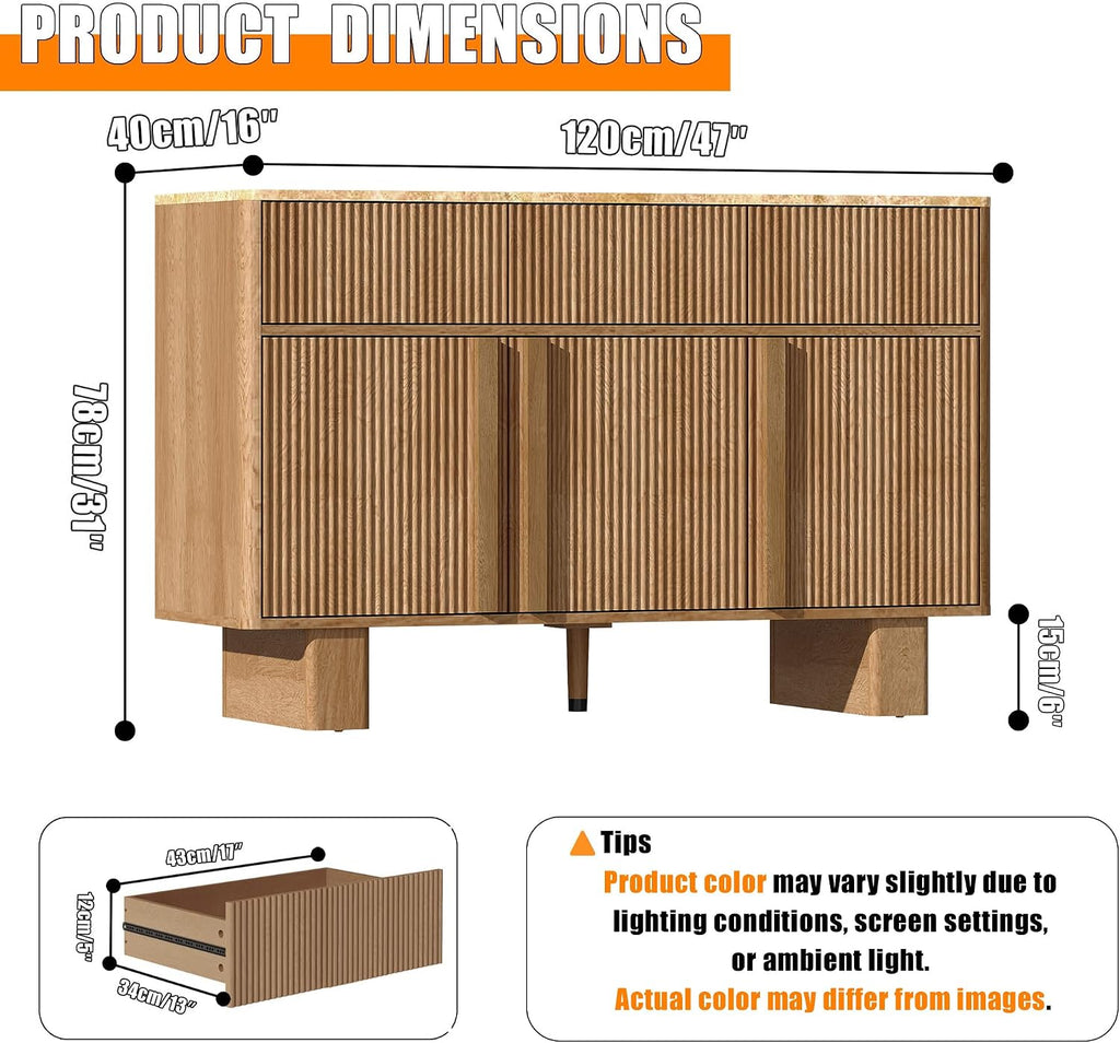 47" Wide Sideboard Buffet Cabinet with Storage, Modern Buffet with 3 Drawers and 3 Doors, Storage Cabinet with 2 Reinforced Legs for Kitchen, Living Room, Natural Oak