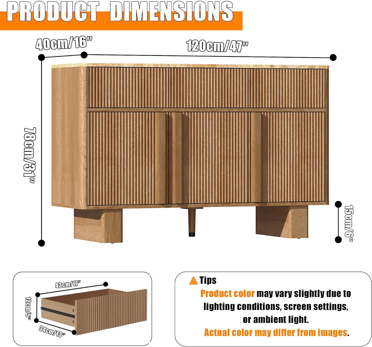 47" Wide Sideboard Buffet Cabinet with Storage, Modern Buffet with 3 Drawers and 3 Doors, Storage Cabinet with 2 Reinforced Legs for Kitchen, Living Room, Natural Oak