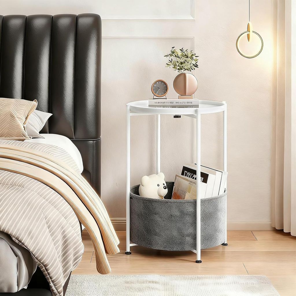 Small Round Side Table with Felt Storage Basket, Metal End Table with Removable Tray and Adjustable Feet, Accent Table for Nursery, Bedroom, Living Room, Laundry Room, White