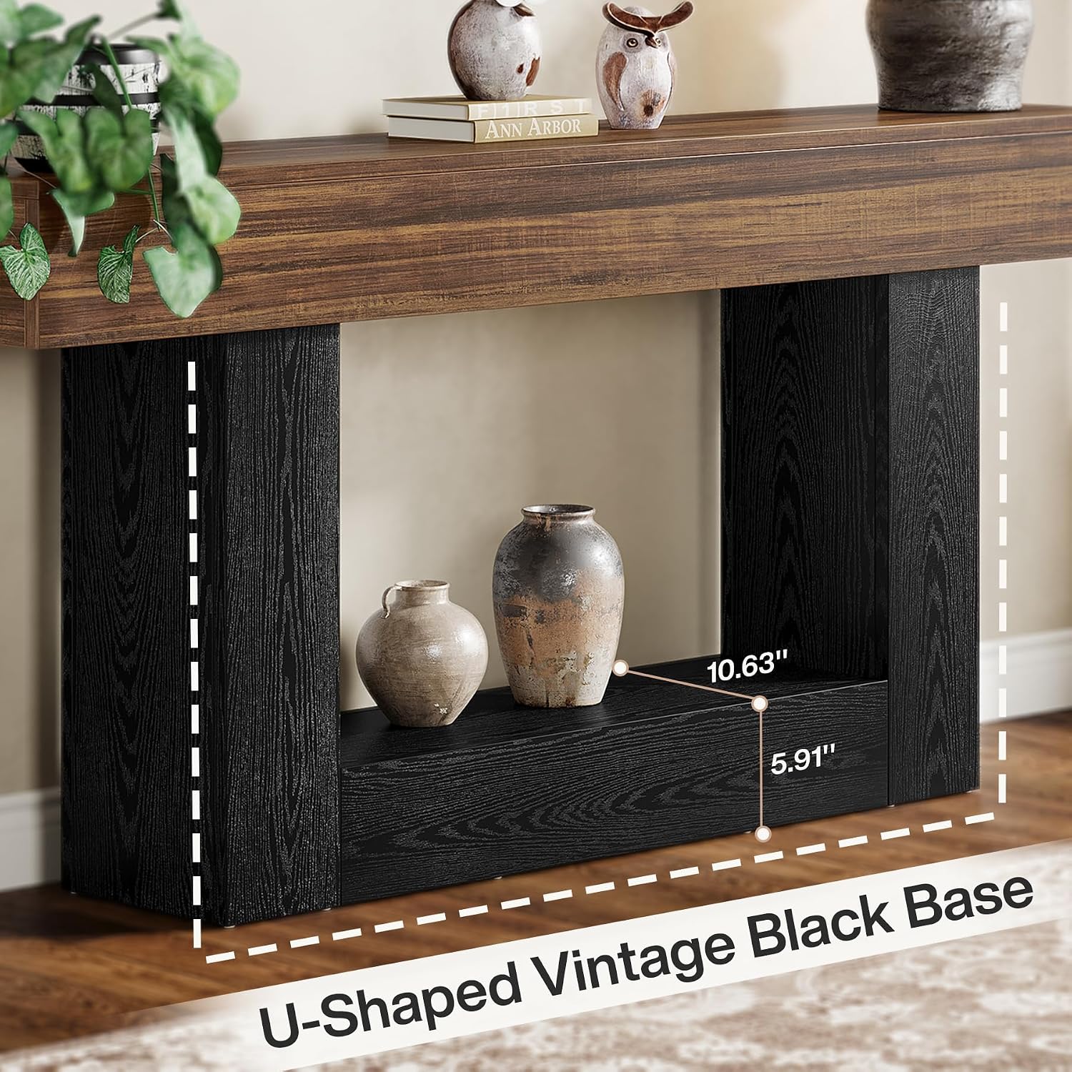 Tribesigns 63" Console Table, Farmhouse 2-Tier Entryway Table with U-Shaped Base, Narrow Long Wood Behind Couch Table for Living Room, Hallway, Foyer, Dark Brown & Black