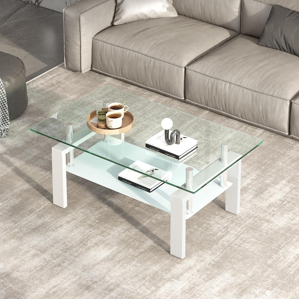 Tempered Glass Coffee Table Set of 3 Coffee Table and End Tables Set,Living Room Tables Set,Coffee Table & Side Table Set of 2,Glass Table Top,Metal Legs (White)