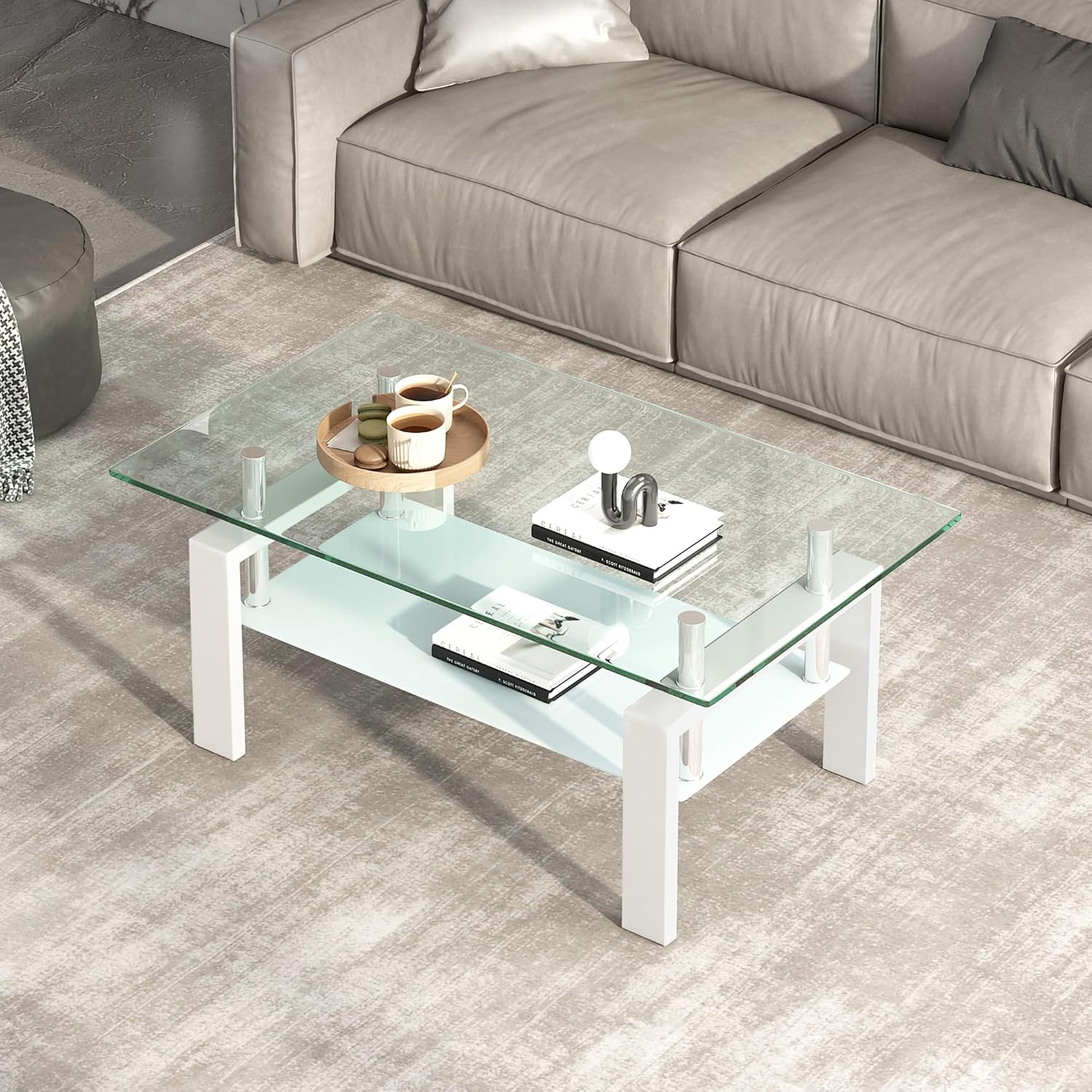 Tempered Glass Coffee Table Set of 3 Coffee Table and End Tables Set,Living Room Tables Set,Coffee Table & Side Table Set of 2,Glass Table Top,Metal Legs (White)