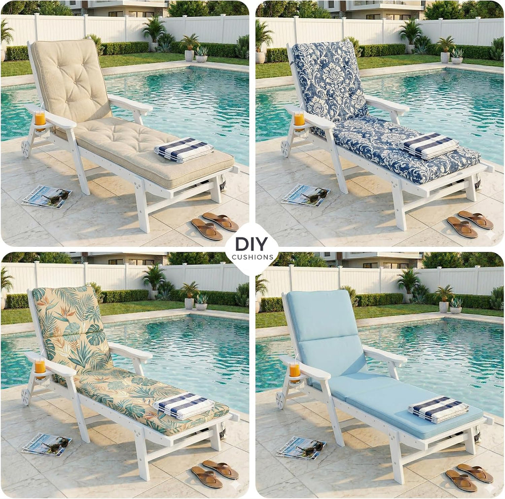 WACASA HDPE Pool Lounge Chairs Set of 2 with Wheels & Cup Holder, 6-Position Adjustable Lounge Chair Outdoor, Easy 20-Min Assembly, 450LBS Bearing, Pool Lounger for Patio, Deck, Backyard (White)