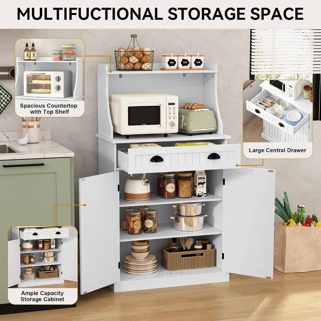 ARTPOWER 54" Kitchen Microwave Cabinet/Stand with Storage and Drawers, Pantry Storage Cabinet with Hutch & Adjustable Shelves for Kitchen, Dining Room, Living Room, Hallway in White