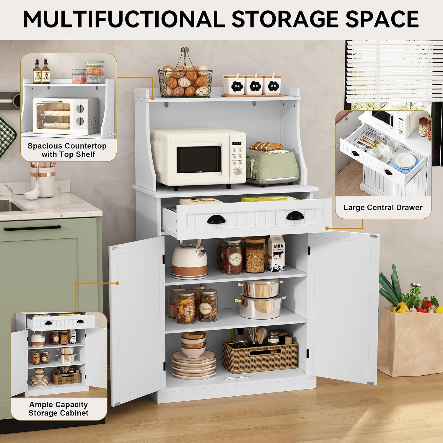 ARTPOWER 54" Kitchen Microwave Cabinet/Stand with Storage and Drawers, Pantry Storage Cabinet with Hutch & Adjustable Shelves for Kitchen, Dining Room, Living Room, Hallway in White
