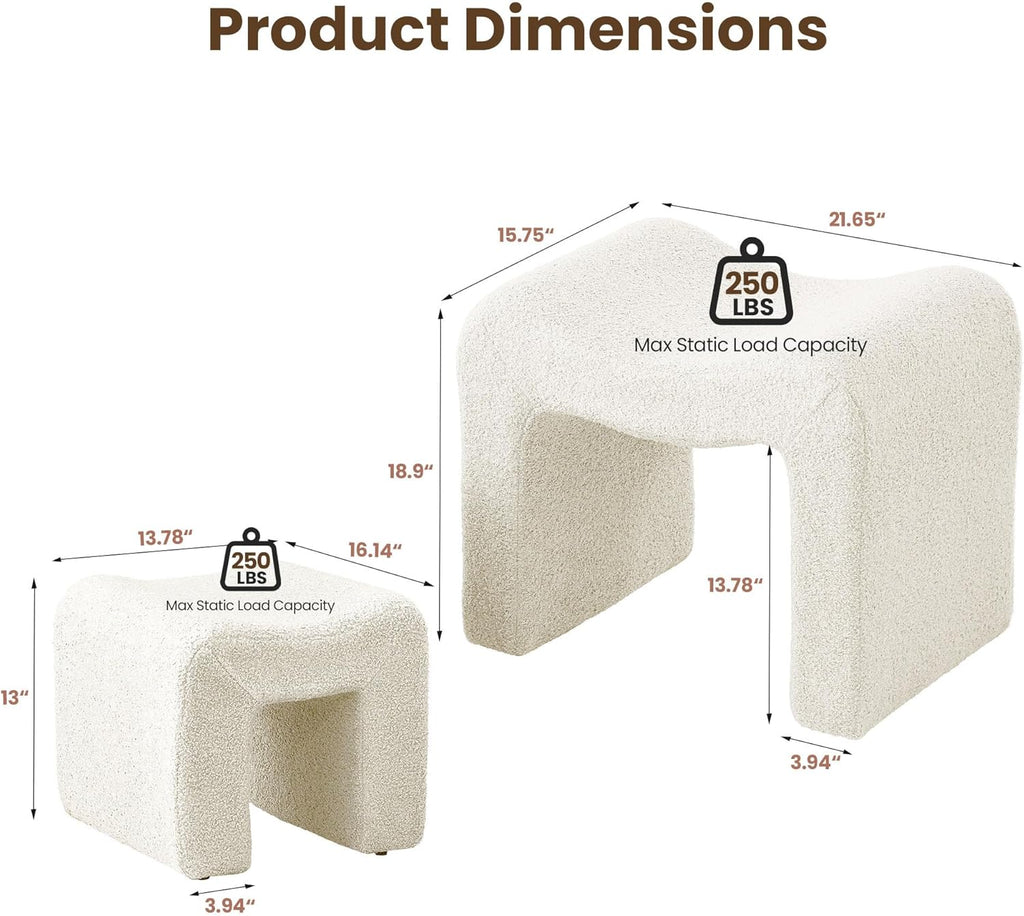 Ottoman Vanity Stool Chair Small Footstool Seating Backless Modern Foot Rest Teddy Velvet Ottoman Set of 2 for Makeup Room Living Room Bedroom Entryway,White (2-in-1)