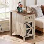 HAIOOU Farmhouse End Table with Charging Station, Narrow Side Tables with Storage Cabinet and Drawer, Wood Nightstand with Power Outlets & USB Ports for Bedroom, Living Room(Grey and Brown)