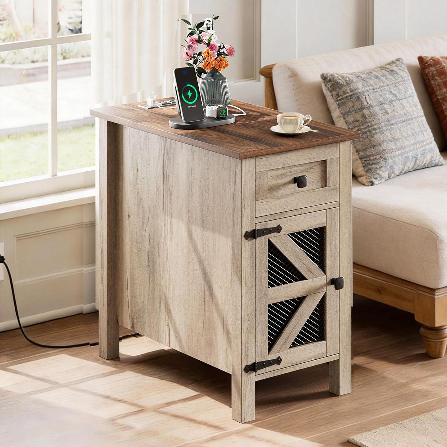 HAIOOU Farmhouse End Table with Charging Station, Narrow Side Tables with Storage Cabinet and Drawer, Wood Nightstand with Power Outlets & USB Ports for Bedroom, Living Room(Grey and Brown)