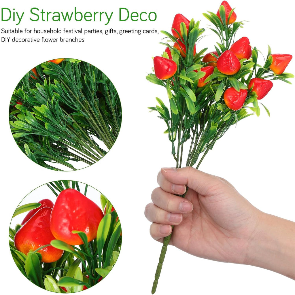 Veemoon 6 Pcs Artificial Strawberry Stems, 10.61 Inch Fake Red Berry Branches Plastic Fruit Picks, Faux Plants Floral Arrangement Centerpieces for Home Kitchen Vase Wreaths Summer Party Decor