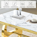 69" Faux Marble Dining Table for 6, Modern Rectangular Kitchen Table with Gold Mirrored Stainless Steel Double H-Shape Base, Luxury Dining Table for Living Room, Home Office