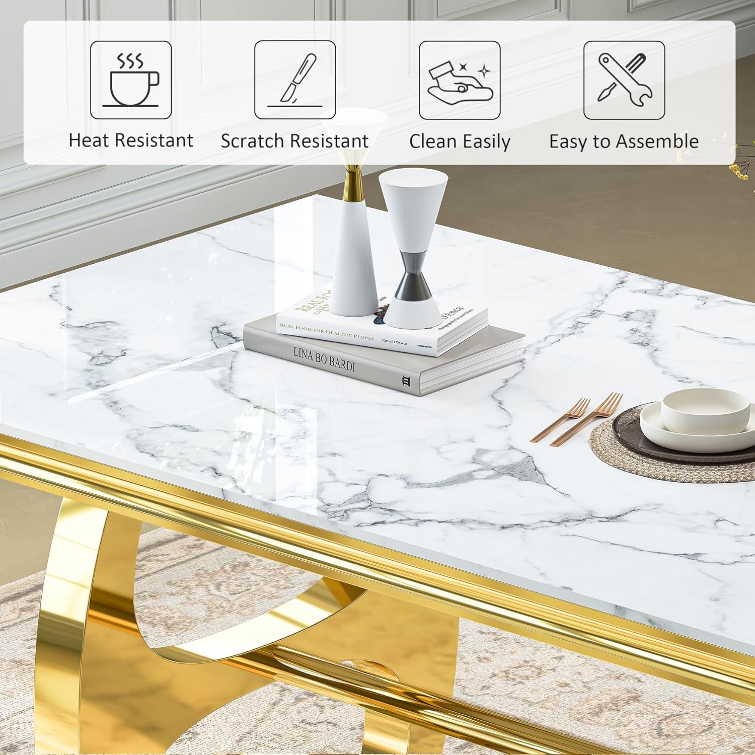 69" Faux Marble Dining Table for 6, Modern Rectangular Kitchen Table with Gold Mirrored Stainless Steel Double H-Shape Base, Luxury Dining Table for Living Room, Home Office