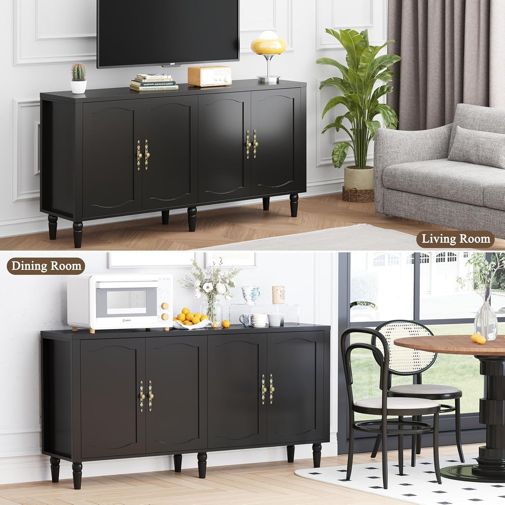 fineway 63" Sideboard Buffet Cabinet, Mid Century Modern Credenza Storage Cabinet with Adjustable Shelves & Carved Handles, Large Kitchen Buffet Table Coffee Bar for Dining Room & Living Room - Black
