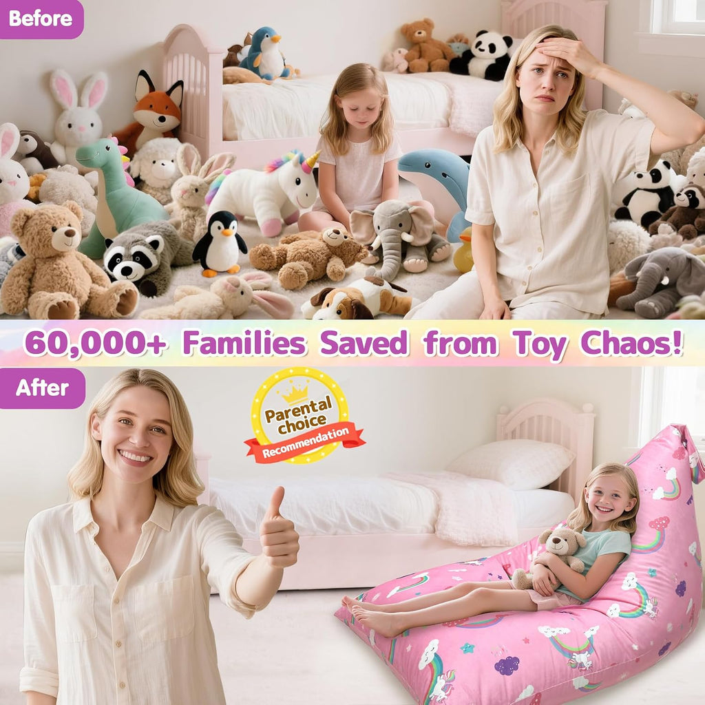 Jorbest Unicorns Stuffed Animals Storage Bean Bag Chair for Kids and Adults, Unicorns Rainbow Bean Bag Stuffed Animals Storage, Luxury Velvet Stuffie Seat - Cover ONLY (200 L/52 Gal, Rainbow)