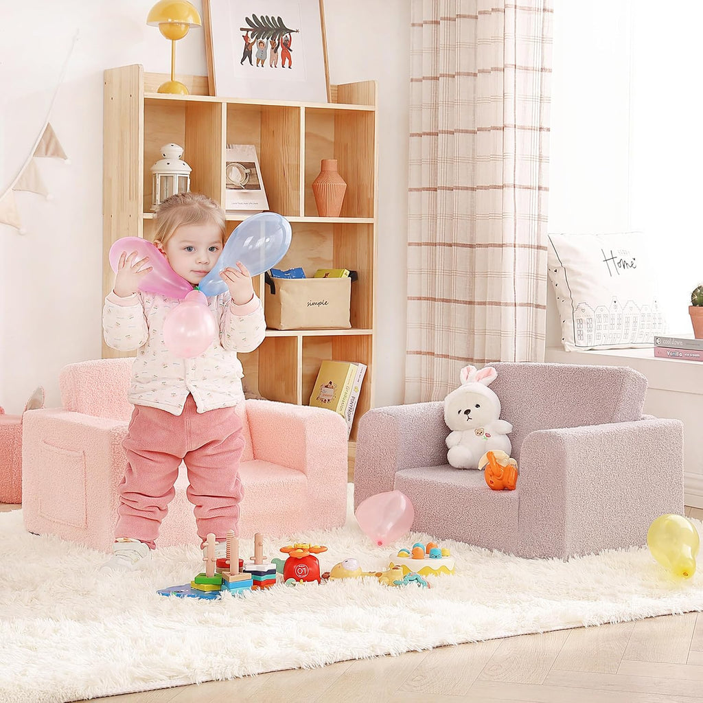 Toddler Chair Sherpa Kids Couch, 2-in-1 Soft Kids Armchair Lounger for Bedroom, Convertible Sofa for Girls and Boys, Child Reading Chair for Playroom, Living Room, Pet, Pink