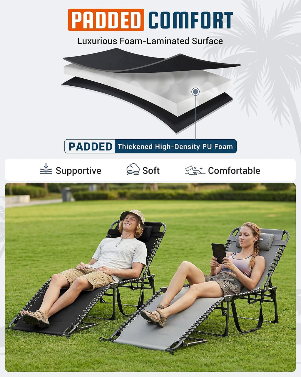 KingCamp Oversized Tanning Chair Padded Lounge Chair, Black | Extra-Wide Padded, Folding Chase Lounge, Portable Adjustable 5-Position, 440lbs Heavy Duty