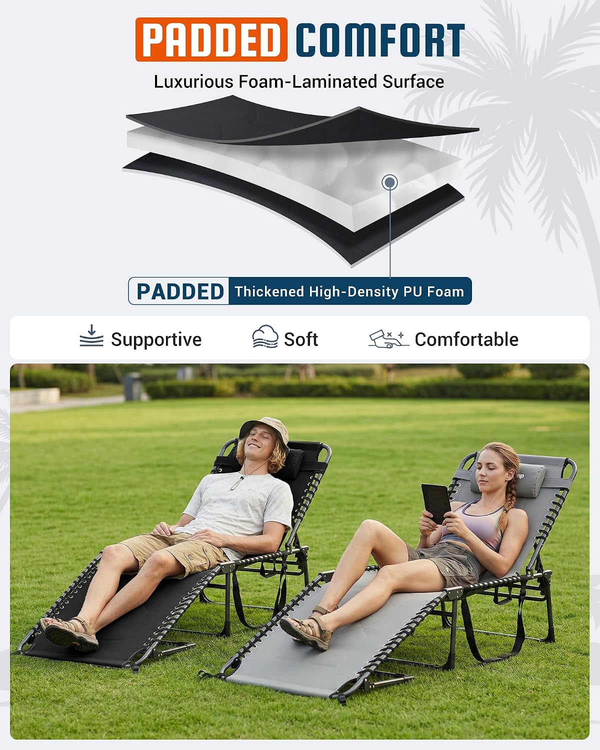 KingCamp Oversized Tanning Chair Padded Lounge Chair, Black | Extra-Wide Padded, Folding Chase Lounge, Portable Adjustable 5-Position, 440lbs Heavy Duty