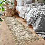 SIILOOM 2x6 Washable Runner Rug for Hallways, Beige Brown Soft Vintage Tribal Kitchen Rugs with Non-Slip, Non-Shedding Tribal Floral Rug for Bedroom Kitchen Porch Laundry Entryway