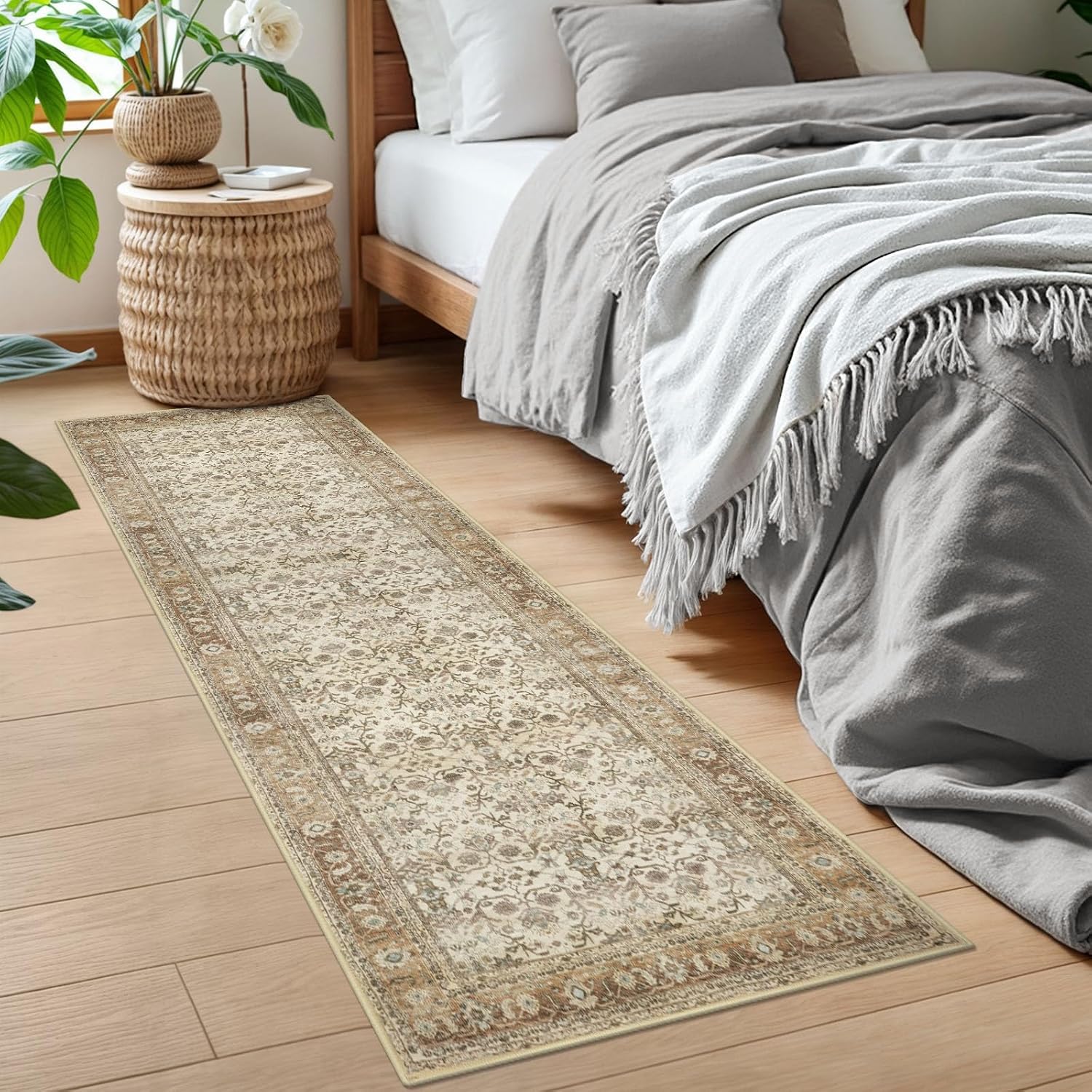 SIILOOM 2x6 Washable Runner Rug for Hallways, Beige Brown Soft Vintage Tribal Kitchen Rugs with Non-Slip, Non-Shedding Tribal Floral Rug for Bedroom Kitchen Porch Laundry Entryway