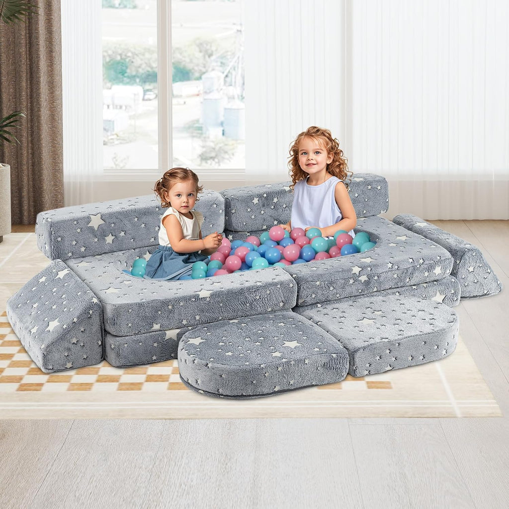 INFANS Modular Kids Play Couch, 10PCS Fluorescent Toddler Creative Sectional Fort Building Sofa for Playroom, Bedroom, Children Convertible Soft Foam Furniture Playset Floor Cushion Boys Girls