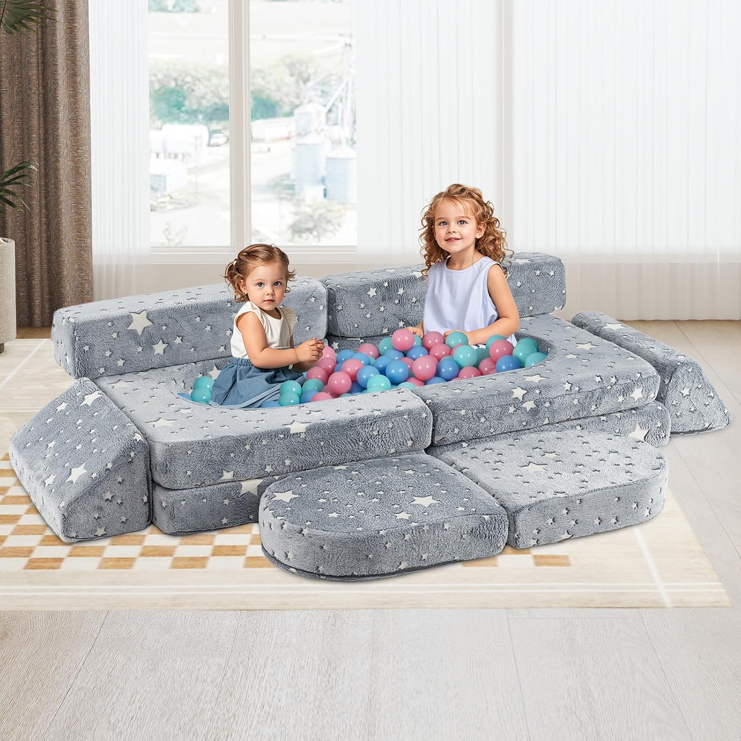 INFANS Modular Kids Play Couch, 10PCS Fluorescent Toddler Creative Sectional Fort Building Sofa for Playroom, Bedroom, Children Convertible Soft Foam Furniture Playset Floor Cushion Boys Girls