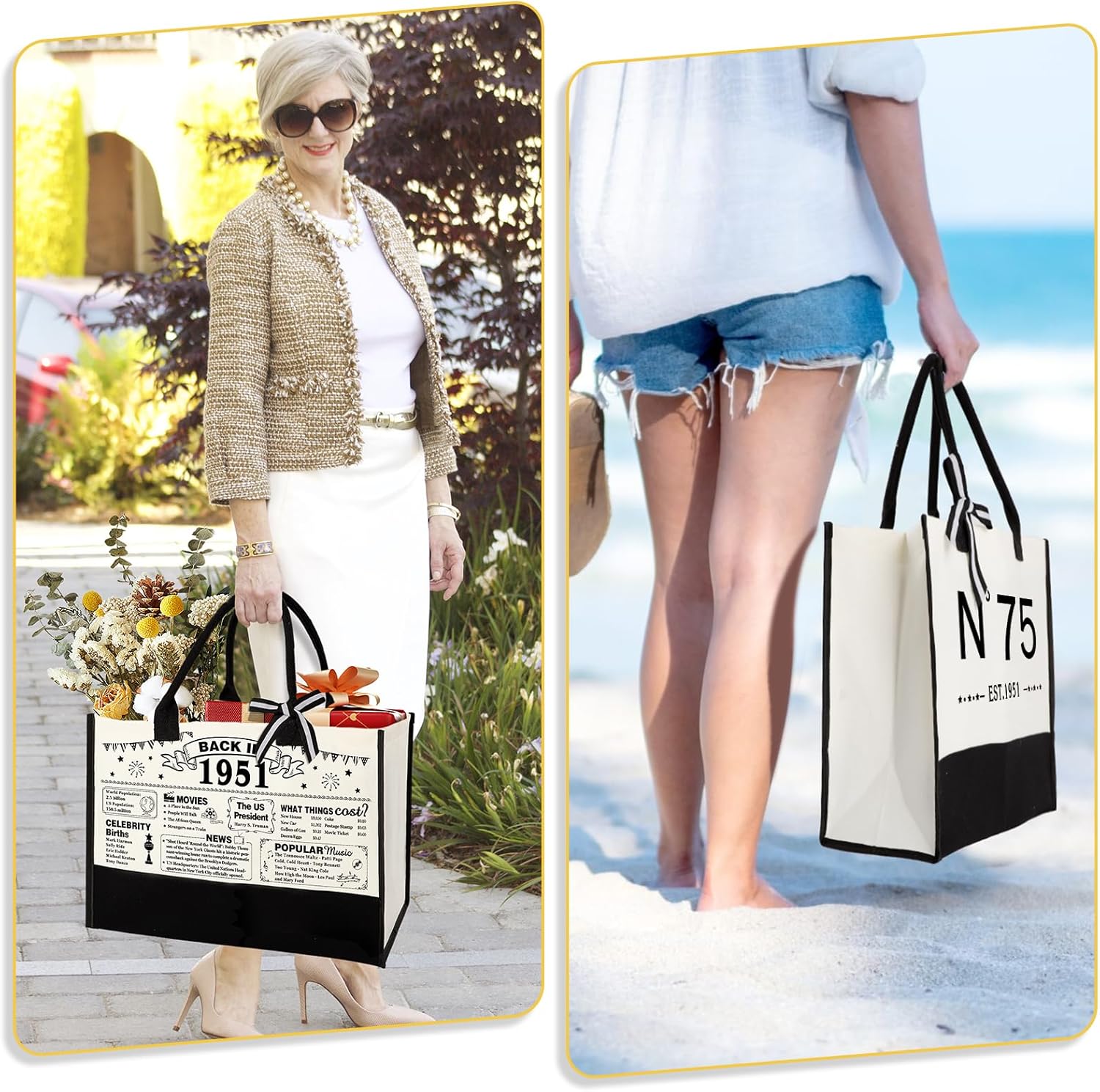 YeohJoy 75th Birthday Gifts for Women Canvas Tote Bag, Unique 75 Years Old Birthday Gifts for Aunt Mom Wife Friends Sister Her, EST.1951 Bag & Makeup Bag & Back in 1951 Poster