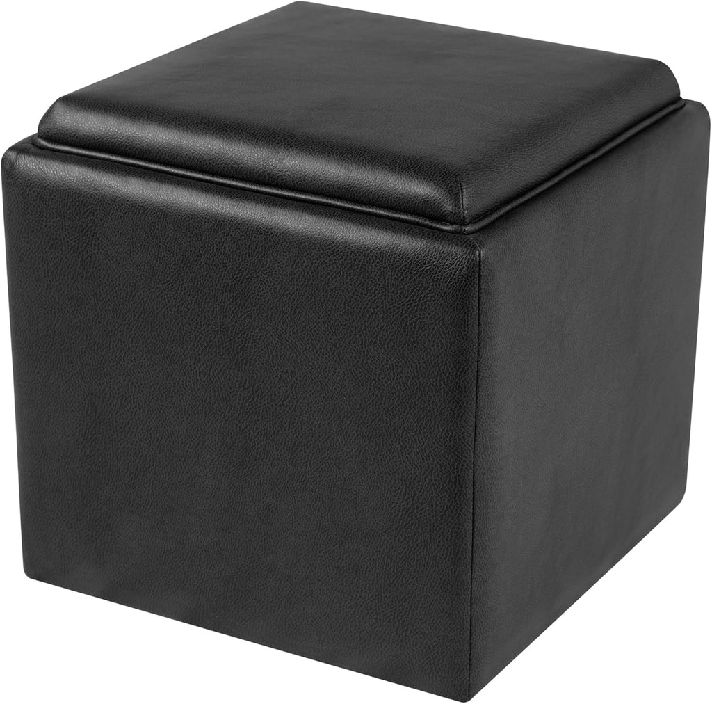 HomePop 17.5" Storage Ottoman with Tray Top - Black Faux Leather