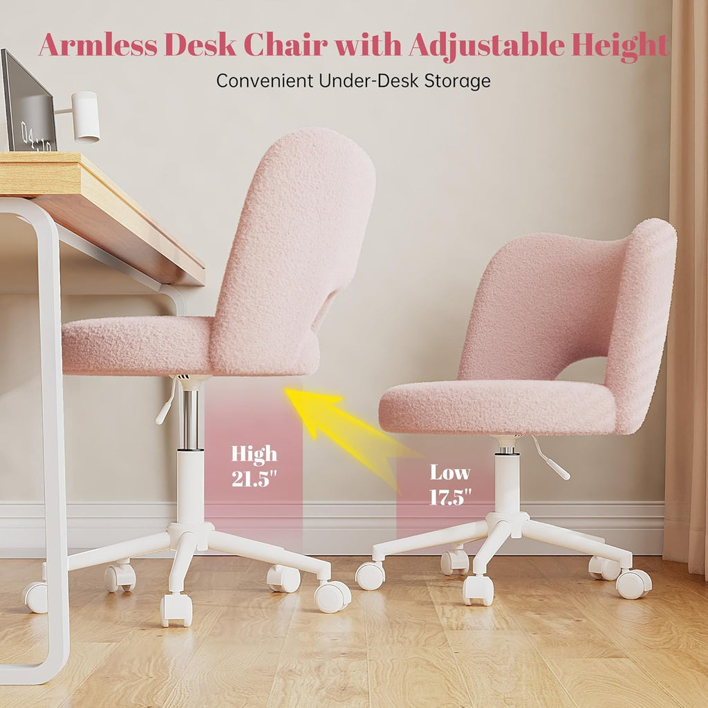 DurayLoly Vanity Chair with Open Hollow Back, Armless Desk Chair with Silent Wheels, Height Adjustable, Soft Teddy Fabric, 360° Swivel for Bedroom Vanity & Home Office, Candy Pink