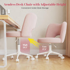 DurayLoly Vanity Chair with Open Hollow Back, Armless Desk Chair with Silent Wheels, Height Adjustable, Soft Teddy Fabric, 360° Swivel for Bedroom Vanity & Home Office, Candy Pink